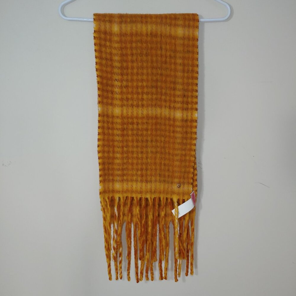 Kate Spade Fiesta Plaid Brushed Scarf Wool Blend Orange Fringed Plaid OS